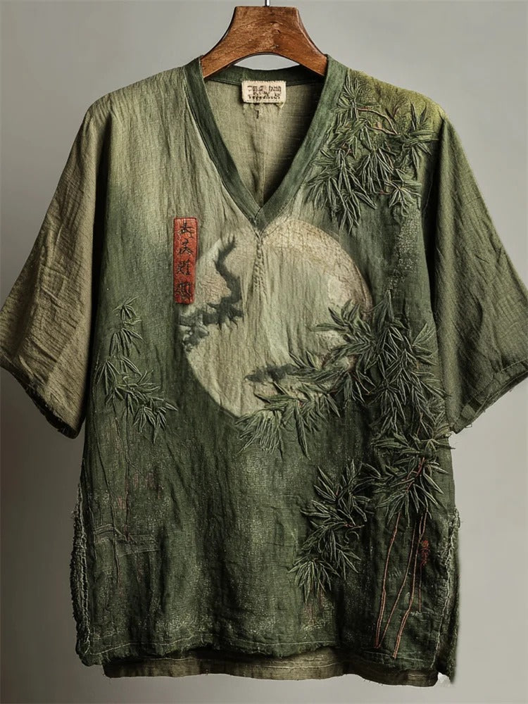 SweetChair Japanese Bamboo Forest Full Moon Embroidered Shirt