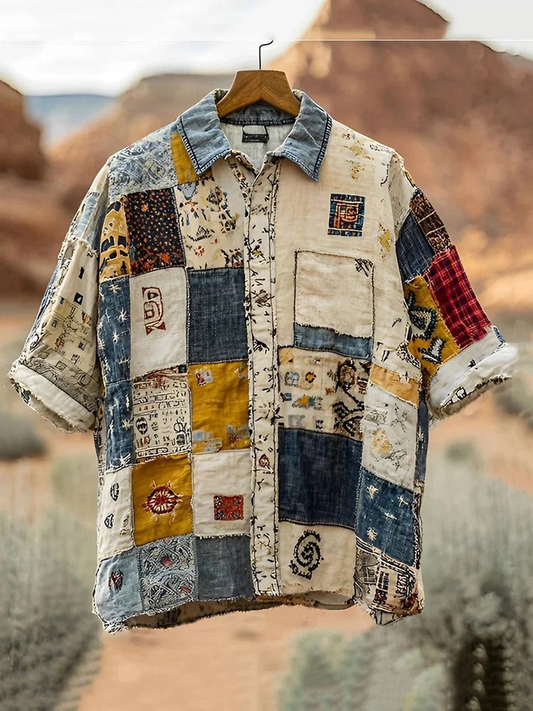 SweetChair Men's Vintage Spliced Contrasting Linen Shirt