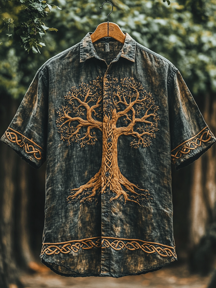 SweetChair Men's Viking Tree of Life Tie-Dye Lapel Shirt