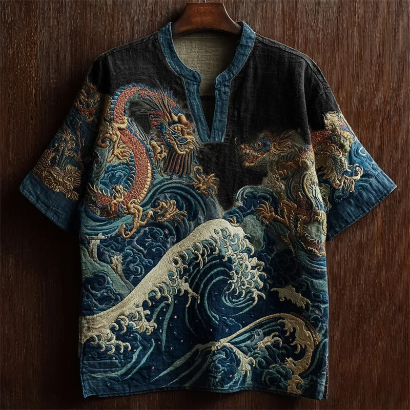 SweetChair Sea Waves & Dragons Japanese Embroidered Linen Shirt