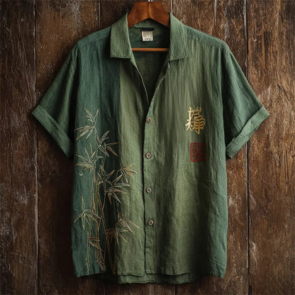 SweetChair Japanese Bamboo & Kanji Embroidered Colorblock Linen Shirt