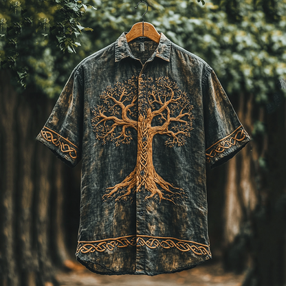 SweetChair Men's Viking Tree of Life Tie-Dye Lapel Shirt