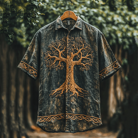 SweetChair Men's Viking Tree of Life Tie-Dye Lapel Shirt