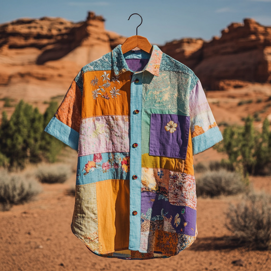 SweetChair Men's Loose Floral Applique Patchwork Art Shirt