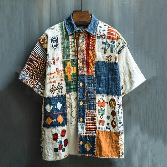 SweetChair Men's Vintage Spliced Contrasting Geometric Linen Shirt
