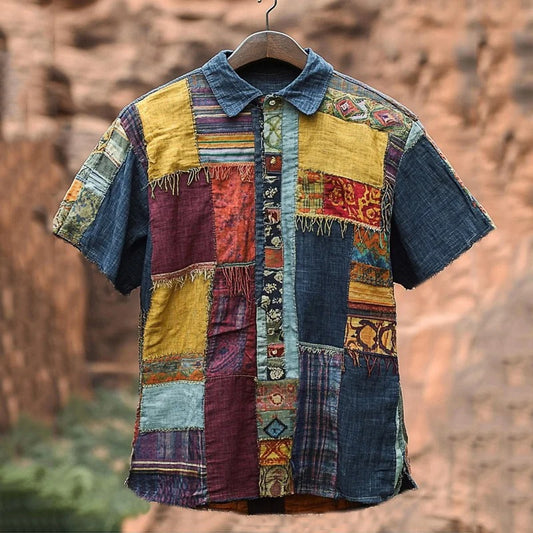 SweetChair Men's Vintage Spliced Contrasting Geometric Linen Shirt