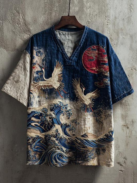 SweetChair Japanese Pine & Waves Embroidered V-Neck Linen Shirt
