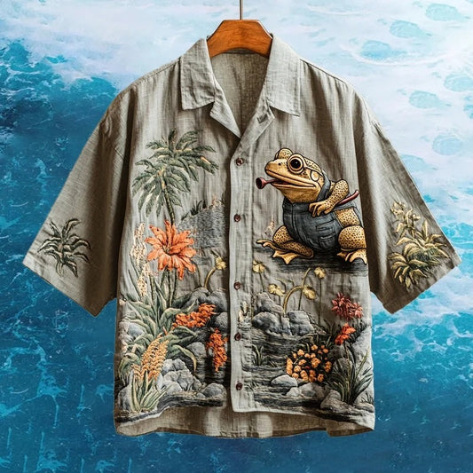 SweetChair Men's Embroidered Funny Frog Hawaiian Shirt