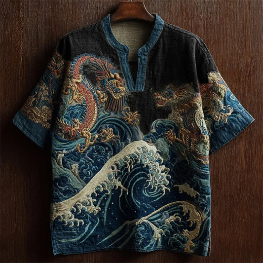 SweetChair Sea Waves & Dragons Japanese Embroidered Linen Shirt